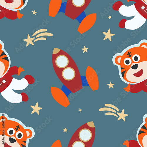 Seamless pattern cute astronaut  tiger in space with cartoon style. space rockets  planets  stars. Creative vector childish background for fabric  textile  nursery wallpaper  card  poster.