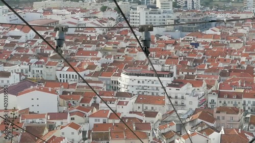 Slow motion shot up cable car gondola funicular with view of Nazaré town houses in Portugal Europe 1920x1080 HD