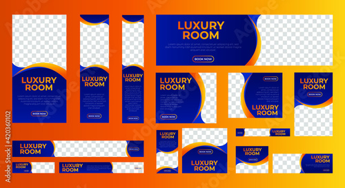 set of luxury hotel web banners of standard size with a place for photos. Vertical, horizontal and square template. vector illustration EPS 10