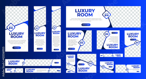 set of luxury hotel web banners of standard size with a place for photos. Vertical, horizontal and square template. vector illustration EPS 10