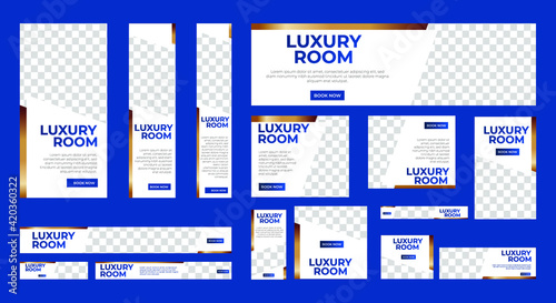 set of luxury hotel web banners of standard size with a place for photos. Vertical, horizontal and square template. vector illustration EPS 10