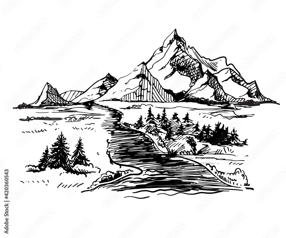 Shaded pen drawing of two mountains. • Millions of unique designs by  independent artists. Find your thing. | Line drawing, Mountain range drawing,  Drawings