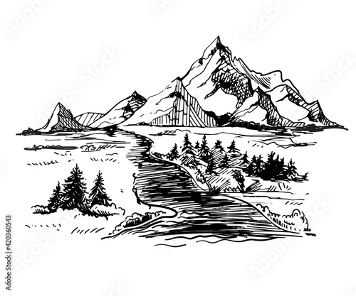 Mountains sketch. Hand drawn vector illustration. Mountain travel, highlands range. Dot and line art. Rocky peaks. Landscape silhouette.