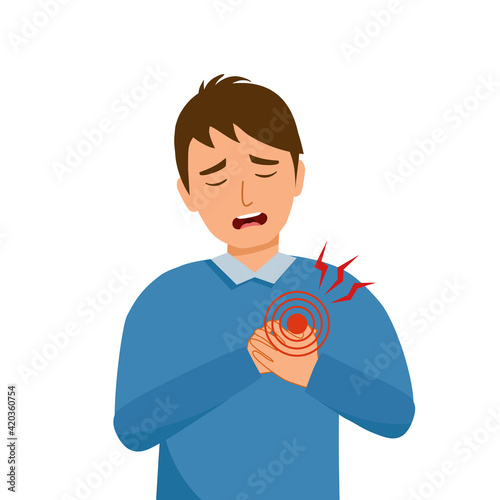 Sad sick young man with heart disease problem. Heart attack symptom.
