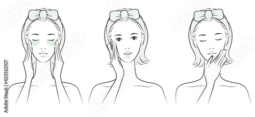 スキンケアをする女性のベクターイラスト