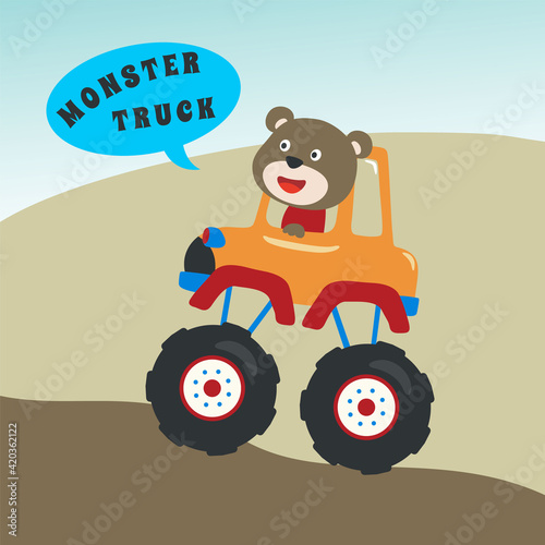 Vector illustration of monster truck with animal driver. Can be used for t-shirt print, kids wear fashion design, invitation card. fabric, textile, nursery wallpaper, poster and other decoration.