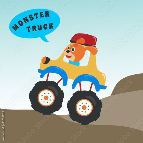 Vector illustration of monster truck with animal driver. Can be used for t-shirt print  kids wear fashion design  invitation card. fabric  textile  nursery wallpaper  poster and other decoration.