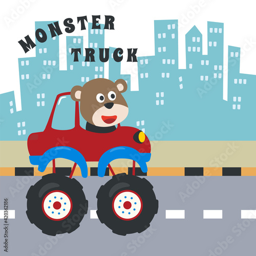 Vector illustration of monster truck with animal driver. Can be used for t-shirt print, kids wear fashion design, invitation card. fabric, textile, nursery wallpaper, poster and other decoration. © Hijaznahwani
