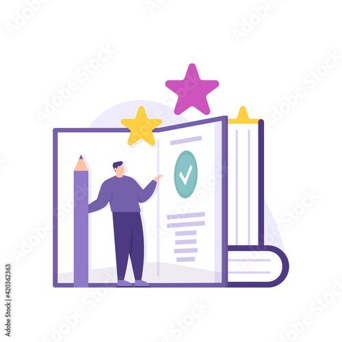 a concept guide for making or compiling a journal book or thesis that is correct. book creation services. illustration of a man holding a pencil and standing in front of a large book. vektor design