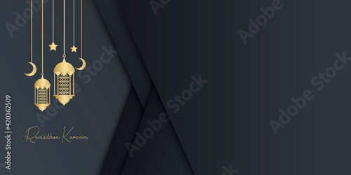 Ramadan Kareem greeting cards set. Ramadan islamic holiday invitations templates collection with gold crescent moon, hand drawn lettering and mosque. Vector illustration.