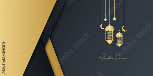 Ramadan Kareem greeting cards set. Ramadan islamic holiday invitations templates collection with gold crescent moon, hand drawn lettering and mosque. Vector illustration.