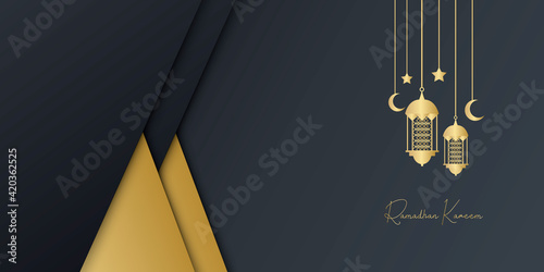 Ramadan Kareem greeting cards set. Ramadan islamic holiday invitations templates collection with gold crescent moon, hand drawn lettering and mosque. Vector illustration.