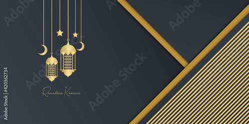 Ramadan vector background. Effect of the cut paper with the embossed Arabic calligraphic text of Ramadan Kareem. Creative design greeting card, banner, poster. Traditional Islamic holy holiday.