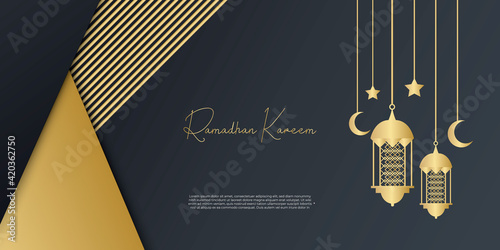 Ramadan vector background. Effect of the cut paper with the embossed Arabic calligraphic text of Ramadan Kareem. Creative design greeting card, banner, poster. Traditional Islamic holy holiday.