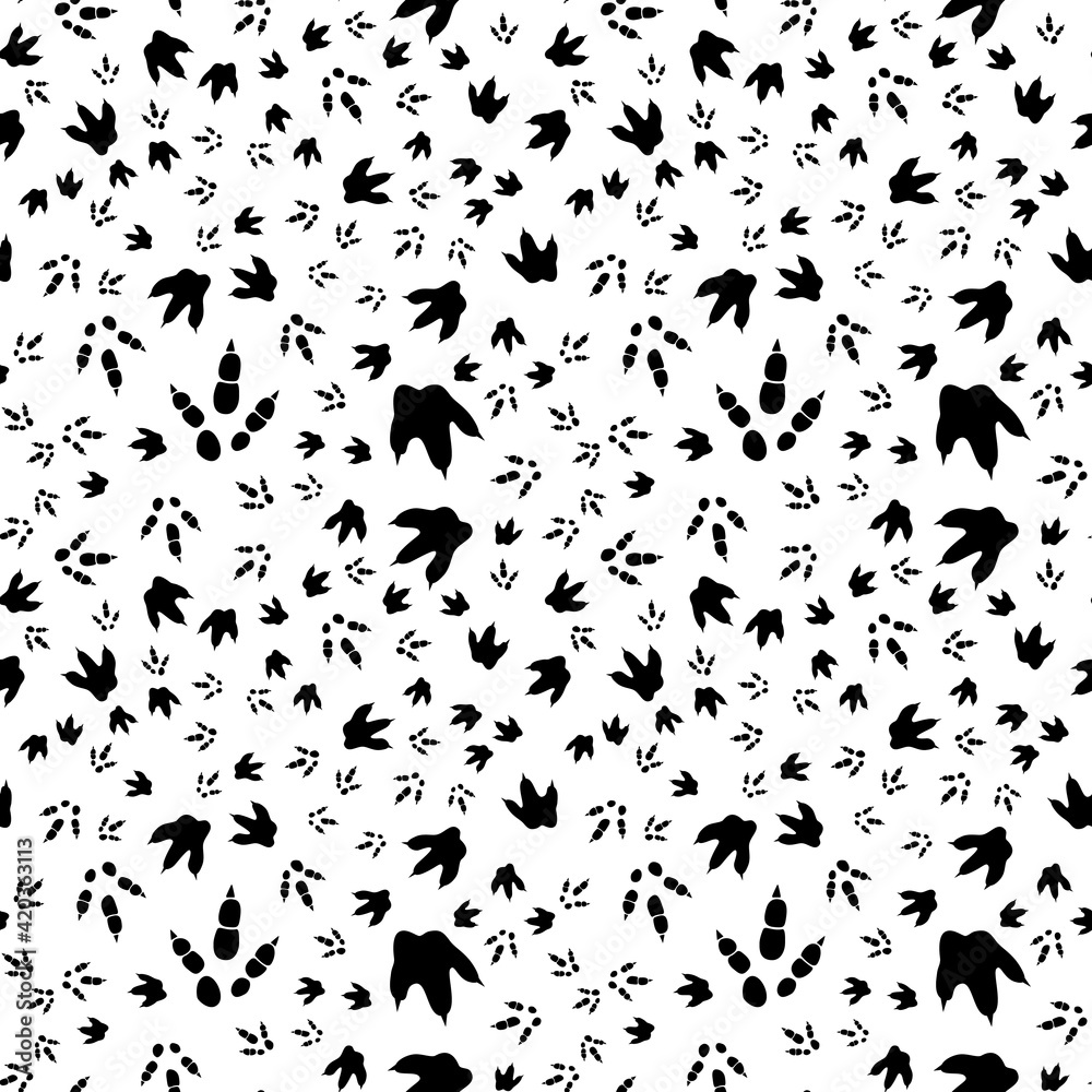 Dinosaur footprint tracks. Minimal seamless pattern. Background with