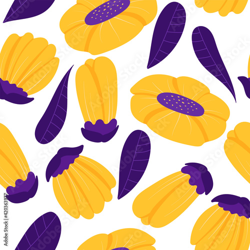 Seamless floral pattern in bright yellow and purple colors. The concept of spring  summer  joy. The objects are not cropped  the drawing is isolated from the background.