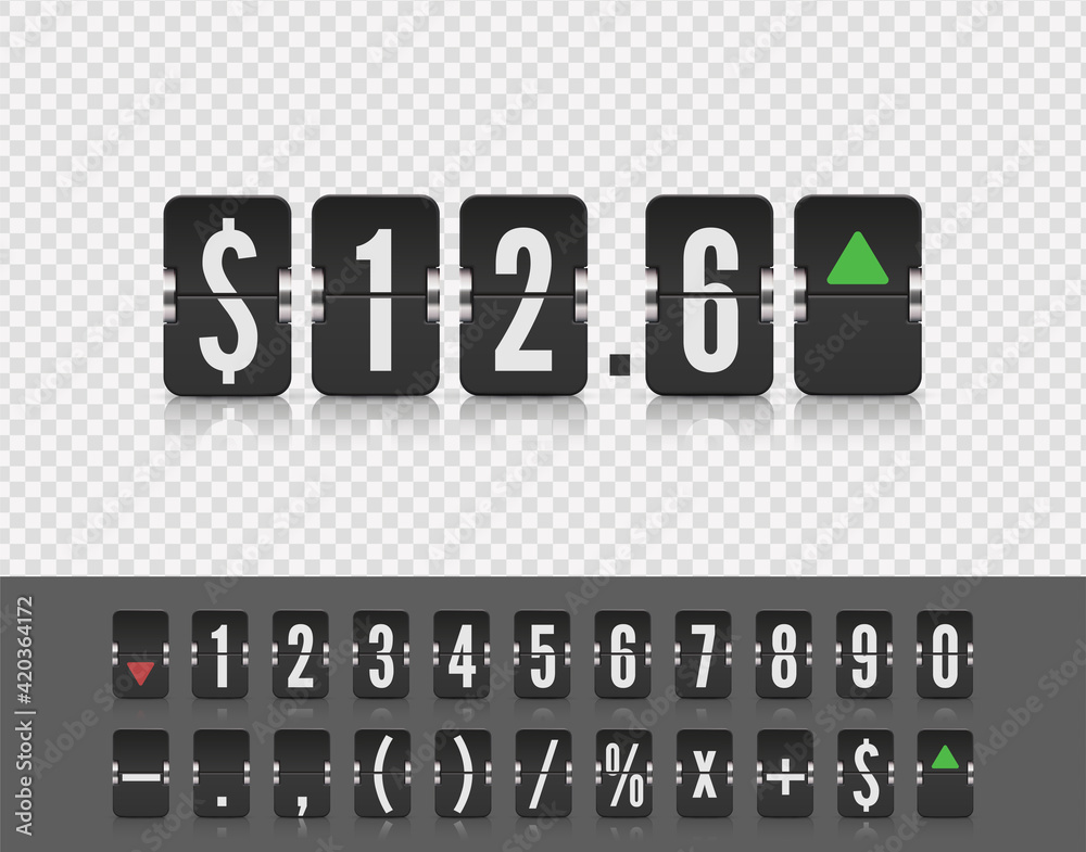 Stock exchange vector mechanic board. Analog flip airport board for countdown timer. Flip number and symbol scoreboard on white background.