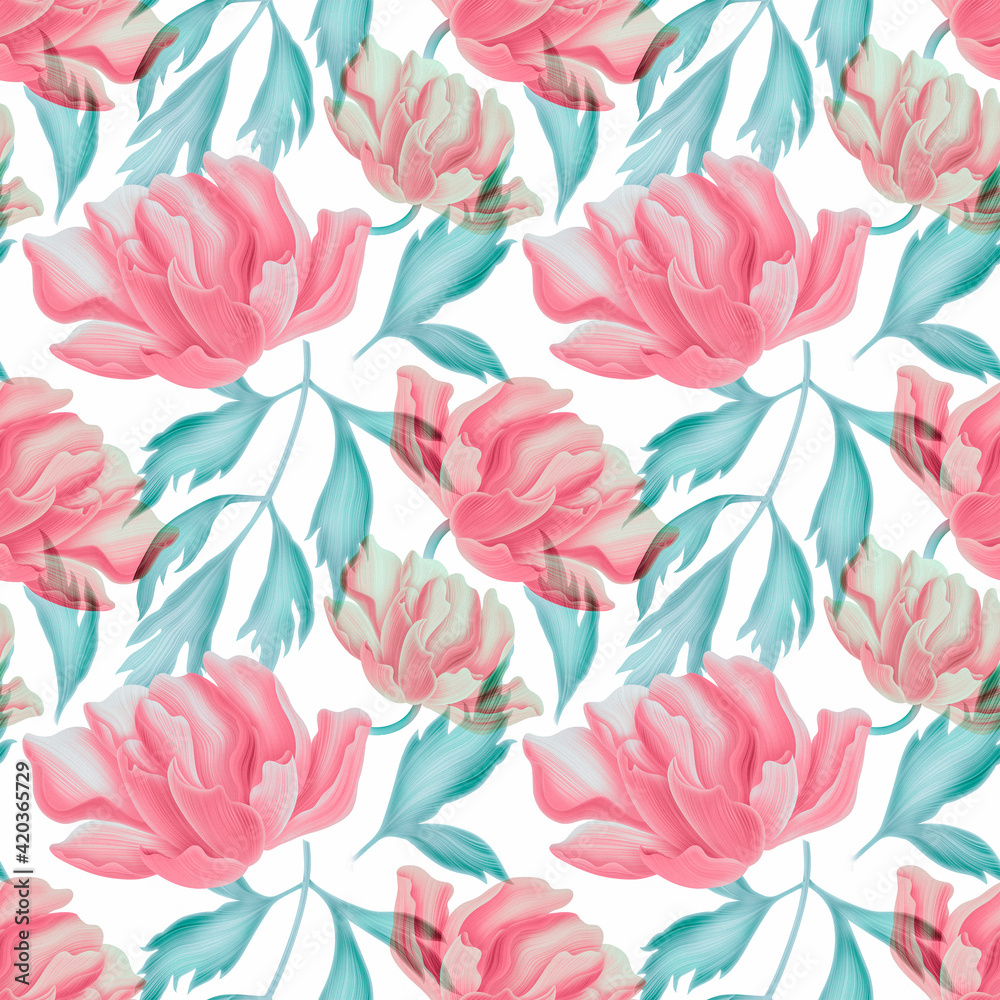Fototapeta Seamless tropical flower, plant and leaf pattern background