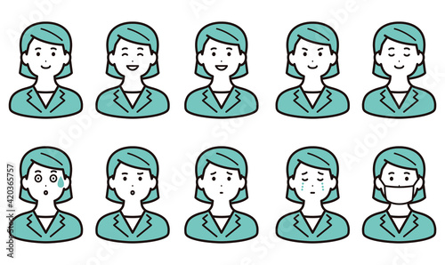 表情バリエーションのアイコンのセット　ビジネスウーマン