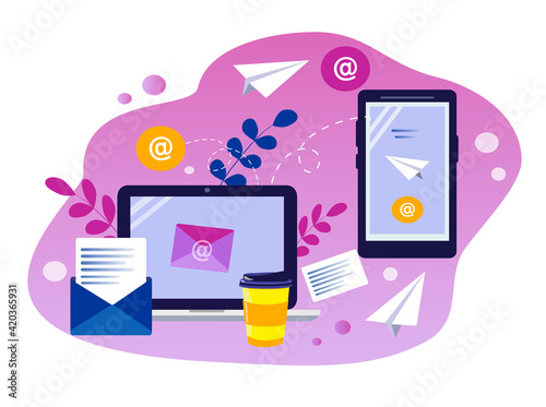 vector illustration on the theme of emails. laptop screen, smartphone and letters, envelopes. business correspondence, e-mails, instant messengers. flat illustration for websites, magazines, apps