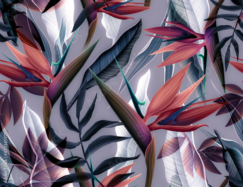 Seamless pattern with Tropical flowers and leaves design. Stylish trendy fashion floral pattern