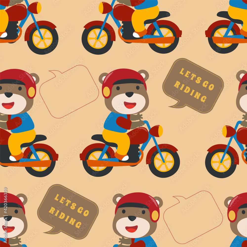 Seamless pattern texture with Cool bear and motorcycle funny animal cartoon For fabric textile, nursery, baby clothes, background, textile, wrapping paper and other decoration. Seamless pattern texture with Cool bear and motorcycle funny animal cartoon For fabric textile, nursery, baby clothes, background, textile, wrapping paper and other decoration.