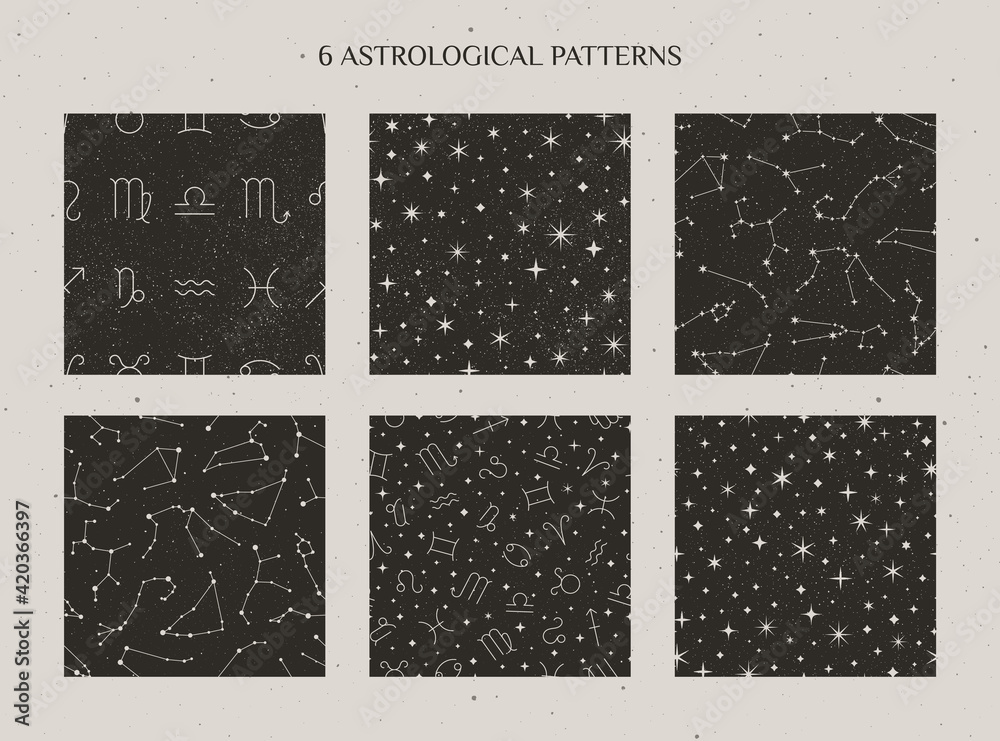 Set Zodiac Constellations and Astrology Signs Seamless Pattern on the starry black background. Vector Cosmic backdrops.