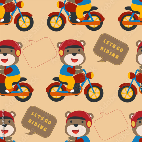 Seamless pattern texture with Cool bear and motorcycle funny animal cartoon For fabric textile  nursery  baby clothes  background  textile  wrapping paper and other decoration.