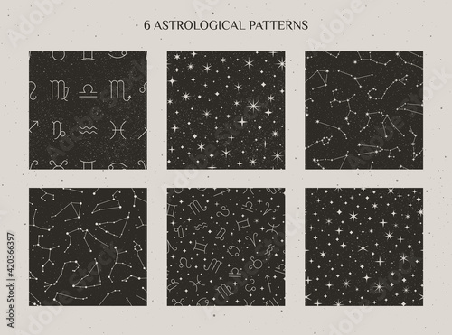 Set Zodiac Constellations and Astrology Signs Seamless Pattern on the starry black background. Vector Cosmic backdrops.
