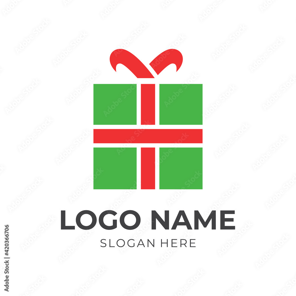 simple gift box logo design with flat red and green color style
