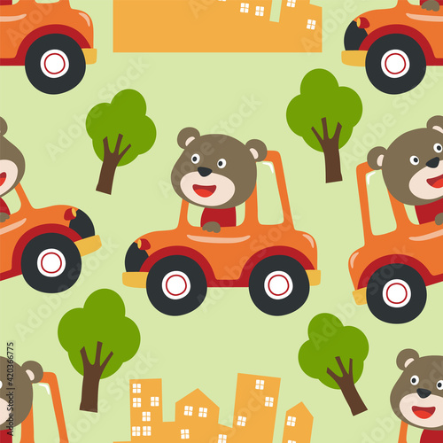 Seamless pattern texture with funny bear driving car in the road on sunny day. For fabric textile  nursery  baby clothes  background  textile  wrapping paper and other decoration.