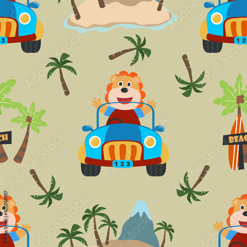 Seamless pattern texture with Cute lion cartoon having fun driving car on a sunny day. For fabric textile  nursery  baby clothes  background  textile  wrapping paper and other decoration.