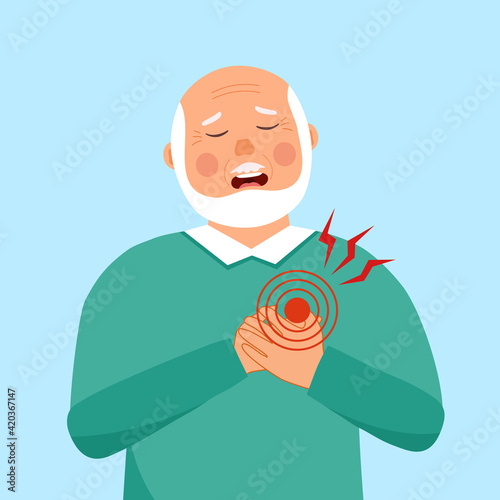 Sick old man having heart disease problem. Heart attack symptom. Chest pain diagnosis.