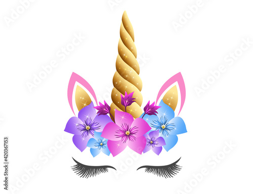 Fabulous cute unicorn with golden horn and pink flowers wreath isolated on white. Fairy unicorn princess girl for party invitation design or holiday decor.