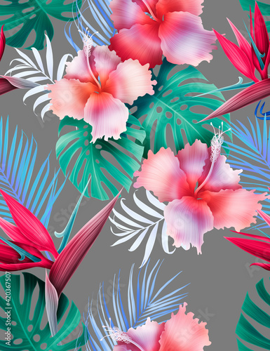Fototapeta Naklejka Na Ścianę i Meble -  Seamless pattern with Tropical flowers and leaves design. Stylish trendy fashion floral pattern