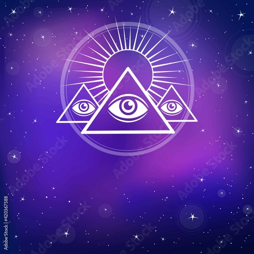 Eye of Providence. All seeing eye inside triangle pyramid. Esoteric symbol. Background - the night star sky. Vector illustration. Print, posters, t-shirt, card.