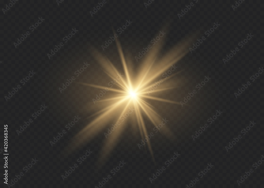 Yellow glowing light explodes on a transparent background. Sparkling magical dust particles. Bright Star.