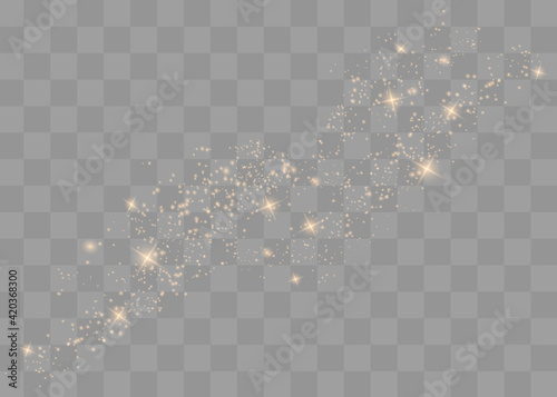Dust white. White sparks and golden stars shine with special light. Vector sparkles on a transparent background.