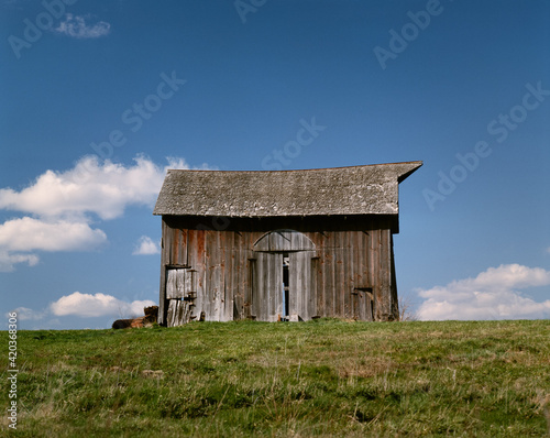 An old barn that was, at one time, red on a hillside in Adair County in Northeast Missouri with puffy clouds dotting the blue sky background. 1985 photo