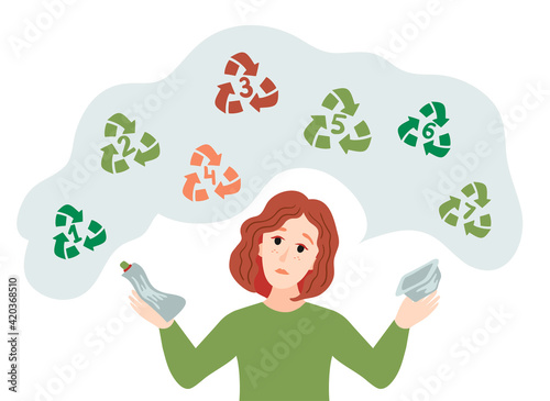 A girl sorts plastic garbage. Sorting plastic waste for recycling. Categories of plastic types. Types of plastic marking. Codes for recycling.