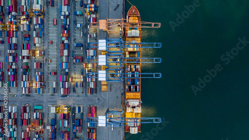 Aerial view container ship loaded in container terminal at night, Global business import export logistic and transportation, Commercial dock company cargo vessel freight shipping at night.