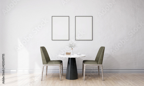 Stylish interior design of dining room with mock up poster frame