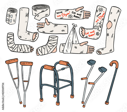 Set of crutches for disabled people with broken legs, arms and hands cast doodles. Collection of injured limbs in gypsum plasters and walking support. Media glyph symbols