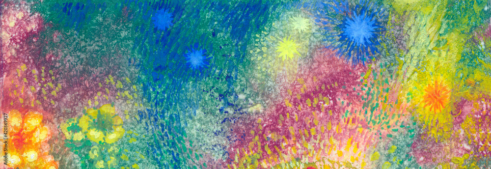 Abstract composition, monotype, art.This multi-colored painting is painted in gouache and watercolors in the style of impressionism. A scenic background is good for a banner. Salute, fireworks  
