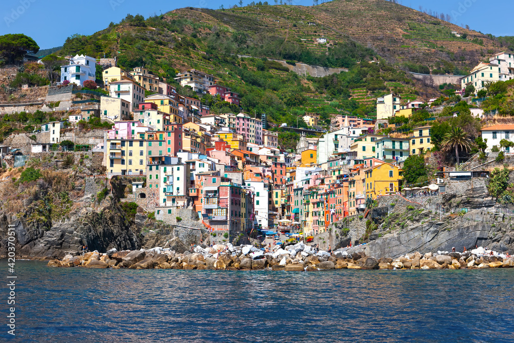 Riomaggiore and Corniglia. Cinque Terre. Liguria, Italy