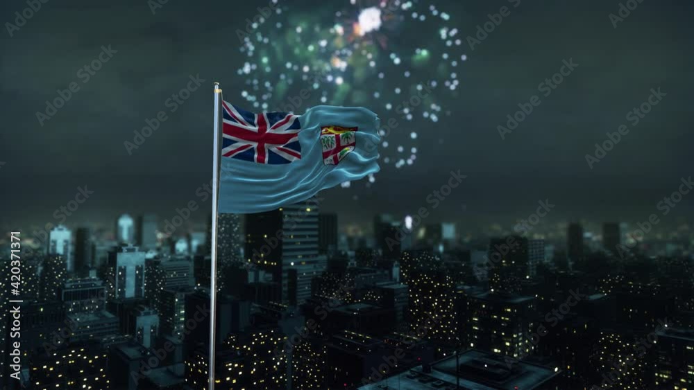 Fiji Flag With Fireworks And City 3D Rendering