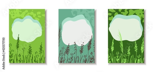 Simple floral vector illustration in eco style. For brochures, cover, template, postcard, flyer. Natural cosmetics, organic products, herbs, green tones. Spa salon, skin care, health.