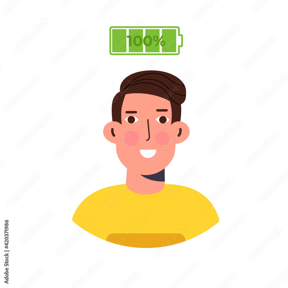 Full of energy businessman with full charge flat style concept. Vector illustration Full of energy businessman with full charge flat style concept. Vector illustration