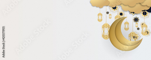 Ramadan Kareem greeting cards set. Ramadan islamic holiday invitations templates collection with gold crescent moon, hand drawn lettering and mosque. Vector illustration.