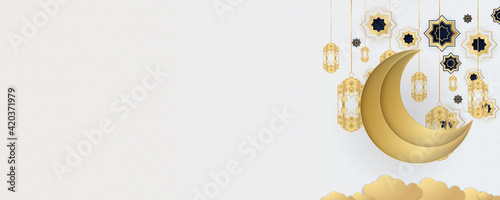 Ramadan Kareem greeting cards set. Ramadan islamic holiday invitations templates collection with gold crescent moon, hand drawn lettering and mosque. Vector illustration.